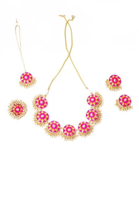 Buy_Bauble Bazaar_Yellow Pearls, Embroidery Orchid Circular Motif Necklace Set _Online_at_Aza_Fashions