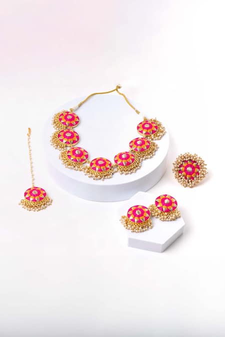 Shop_Bauble Bazaar_Yellow Pearls, Embroidery Orchid Circular Motif Necklace Set _Online_at_Aza_Fashions