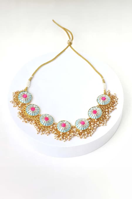 Shop Bauble Bazaar Blue Lotus Circular Motif Pearl Embellished Necklace at Aza Fashions Shop_Bauble Bazaar_Blue Lotus Circular Motif Pearl Embellished Necklace _at_Aza_Fashions