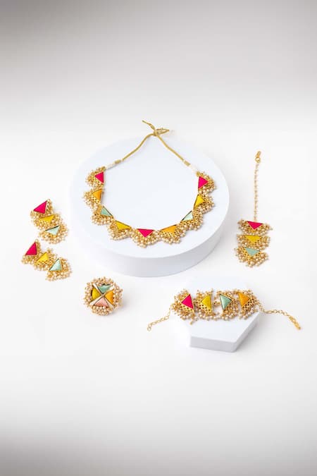 BAUBLE BAZAAR Multi Color Thread Triangular Motif Necklace Set 