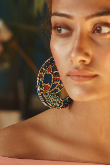 Krutiarts Blue Beads, Fabric Flowers Oh My Gosh Madhubani Lotus Embroidered Hoops Online at Aza Fashions Krutiarts_Blue Beads, Fabric Flowers Oh My Gosh Madhubani Lotus Embroidered Hoops _Online_at_Aza_Fashions