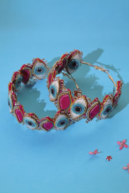 Shop_Krutiarts_Pink Beads, Fabric Flowers Ouucchh Evil Eye Embroidered Hoops _at_Aza_Fashions