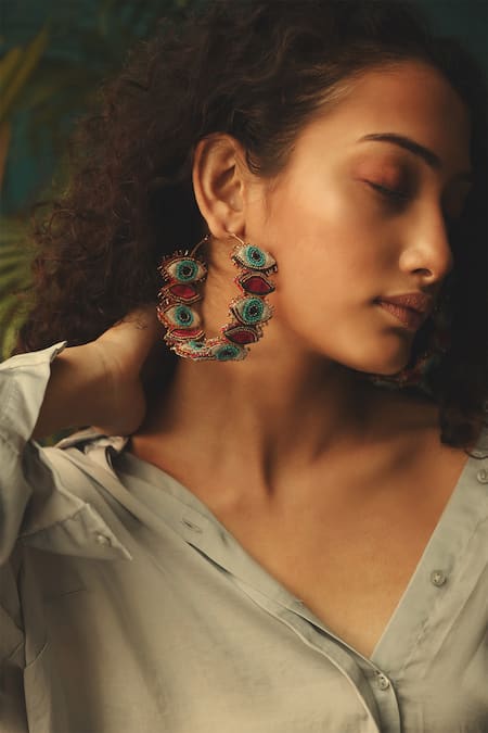 Krutiarts Pink Beads, Fabric Flowers Ouucchh Evil Eye Embroidered Hoops Online at Aza Fashions Krutiarts_Pink Beads, Fabric Flowers Ouucchh Evil Eye Embroidered Hoops _Online_at_Aza_Fashions