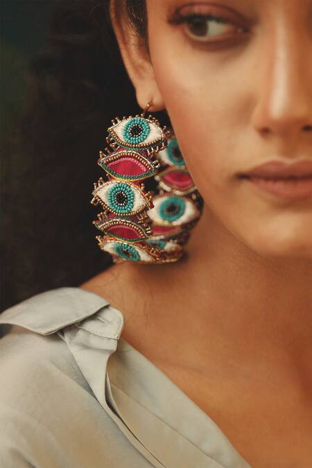 Buy_Krutiarts_Pink Beads, Fabric Flowers Ouucchh Evil Eye Embroidered Hoops _Online_at_Aza_Fashions
