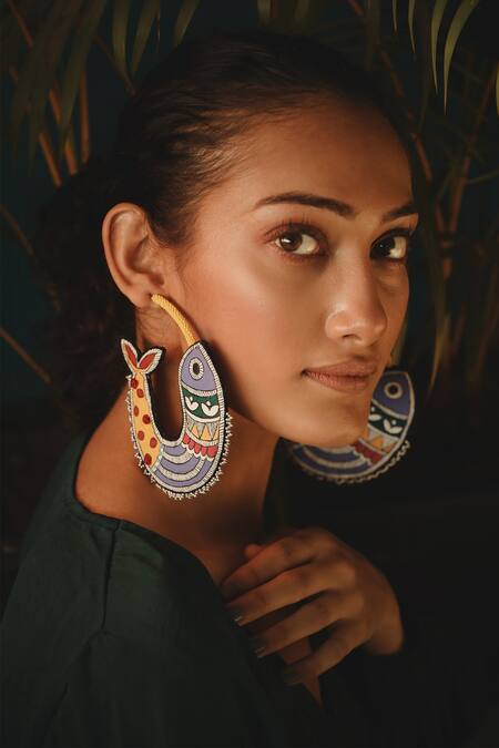 Buy Krutiarts Multi Color Beads Oh Madhubani Embroidered Hoops Online at Aza Fashions Buy_Krutiarts_Multi Color Beads Oh Madhubani Embroidered Hoops _Online_at_Aza_Fashions