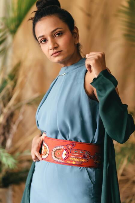 Shop_Krutiarts_Red Silk Thread Hide And Seek Hamsa Embroidered Belt _Online_at_Aza_Fashions