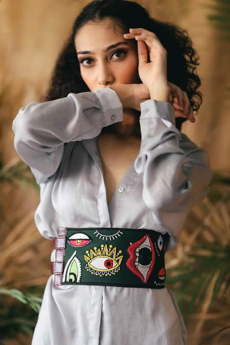 Krutiarts Green Silk Thread I Spy Evil Eye Embroidered Belt 