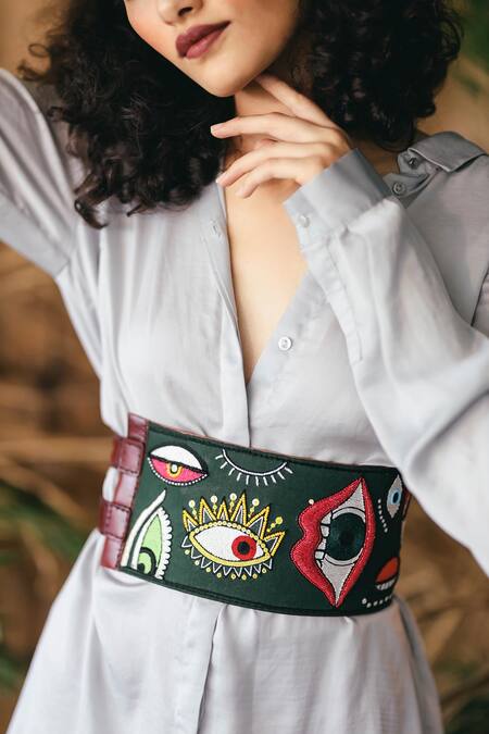 Krutiarts_Green Silk Thread I Spy Evil Eye Embroidered Belt _Online_at_Aza_Fashions