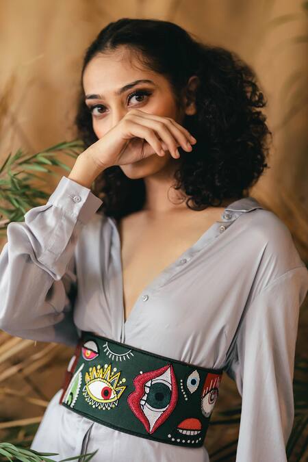 Buy_Krutiarts_Green Silk Thread I Spy Evil Eye Embroidered Belt _Online_at_Aza_Fashions