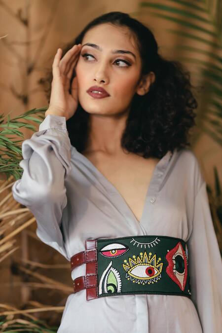Shop_Krutiarts_Green Silk Thread I Spy Evil Eye Embroidered Belt _Online_at_Aza_Fashions