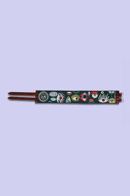 Krutiarts_Green Silk Thread I Spy Evil Eye Embroidered Belt _at_Aza_Fashions