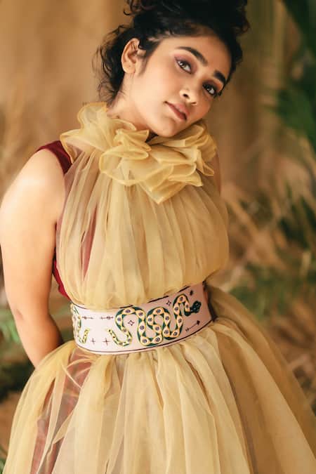 Krutiarts Beige Thread Twister Snake Embroidered Belt 