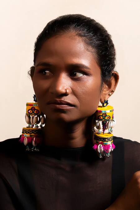 Krutiarts Yellow Beads, Mirrors Chakudi Shell Embellished Earrings Online at Aza Fashions Krutiarts_Yellow Beads, Mirrors Chakudi Shell Embellished Earrings _Online_at_Aza_Fashions