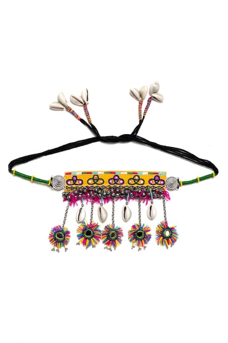 Krutiarts Bhaila Embroidered Mirror Tassel Choker 