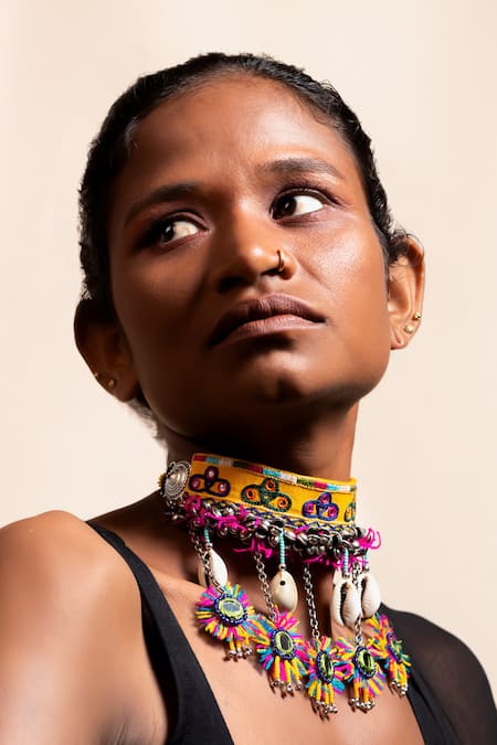 Krutiarts_Yellow Bhaila Embroidered Mirror Tassel Choker _Online_at_Aza_Fashions