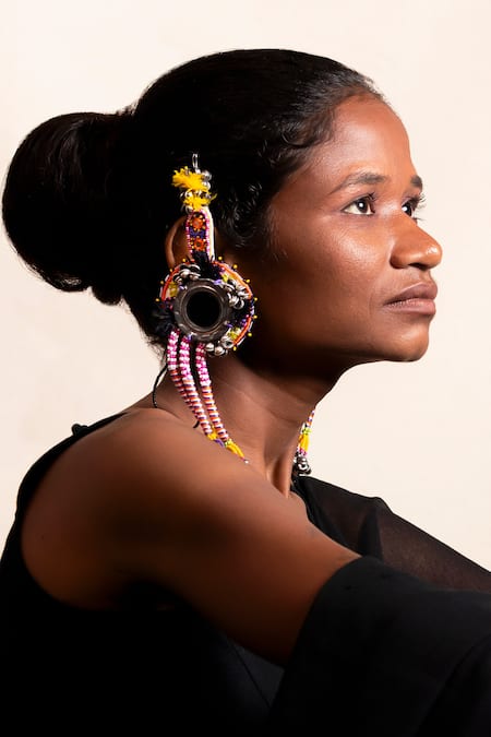 Krutiarts Multi Color Mirrors, Beads, Jabri Thread Embroidered Ghunghroo Tassel Earrings