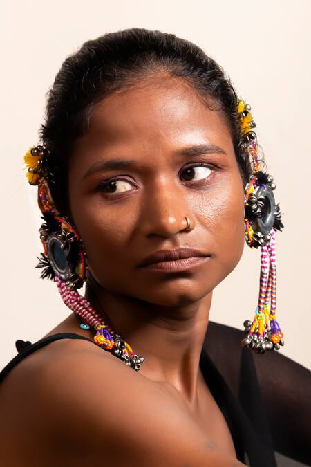 Krutiarts Multi Color Mirrors, Beads, Jabri Thread Embroidered Ghunghroo Tassel Earrings Online at Aza Fashions Krutiarts_Multi Color Mirrors, Beads, Jabri Thread Embroidered Ghunghroo Tassel Earrings _Online_at_Aza_Fashions