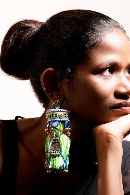 Krutiarts_Green Tassels, Beads, Mirrors Lavara Embellished Thread Earrings _Online_at_Aza_Fashions