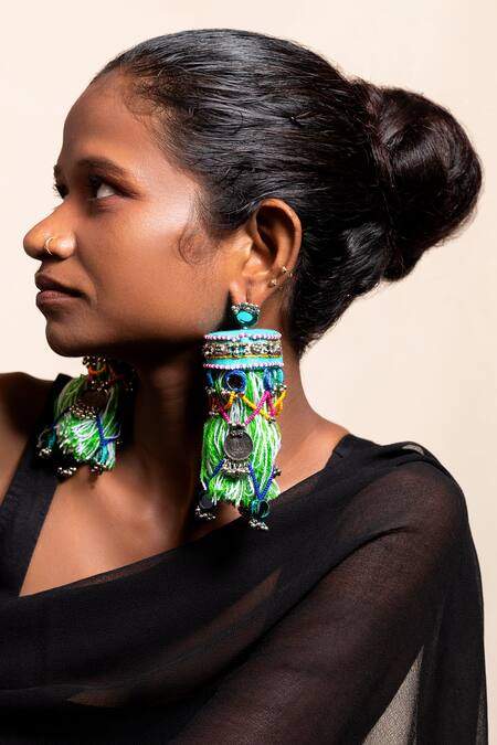 Buy_Krutiarts_Green Tassels, Beads, Mirrors Lavara Embellished Thread Earrings _Online_at_Aza_Fashions