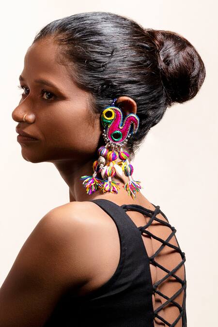 Krutiarts_Pink Mirrors, Beads, Tassels Ghoghhi Peacock Embroidered Earrings _Online_at_Aza_Fashions