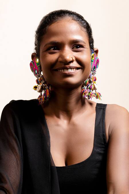 Buy_Krutiarts_Pink Mirrors, Beads, Tassels Ghoghhi Peacock Embroidered Earrings _Online_at_Aza_Fashions