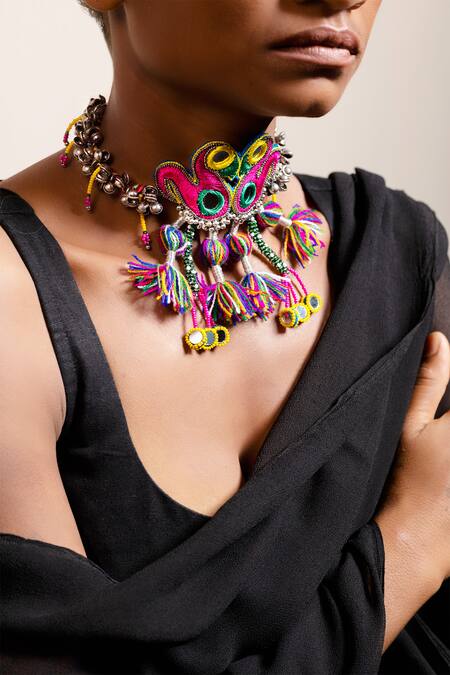 Krutiarts Pink Bhenkda Peacock Embroidered Tassel Choker Online at Aza Fashions Krutiarts_Pink Bhenkda Peacock Embroidered Tassel Choker _Online_at_Aza_Fashions