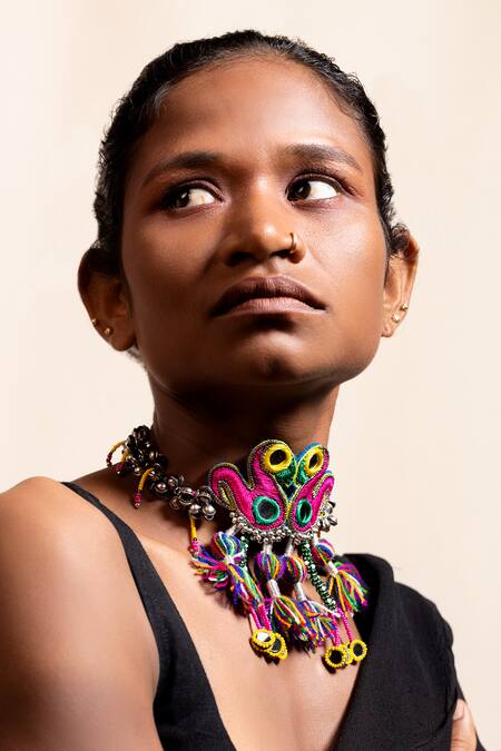 Buy Krutiarts Pink Bhenkda Peacock Embroidered Tassel Choker Online at Aza Fashions Buy_Krutiarts_Pink Bhenkda Peacock Embroidered Tassel Choker _Online_at_Aza_Fashions