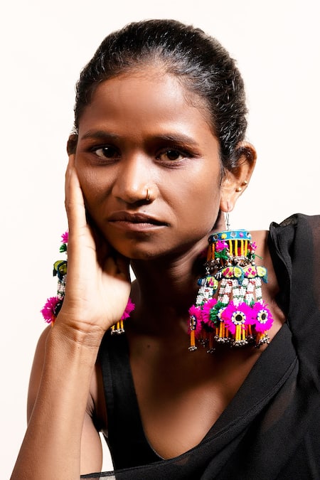 Krutiarts Blue Mirrors, Beads, Gota Patti Tabariyo Parrot Embroidered Tassel Earrings Online at Aza Fashions Krutiarts_Blue Mirrors, Beads, Gota Patti Tabariyo Parrot Embroidered Tassel Earrings _Online_at_Aza_Fashions