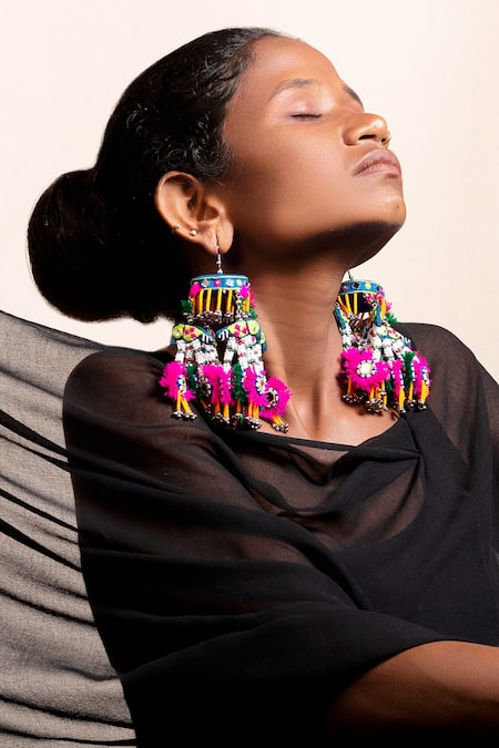 Buy Krutiarts Blue Mirrors, Beads, Gota Patti Tabariyo Parrot Embroidered Tassel Earrings Online at Aza Fashions Buy_Krutiarts_Blue Mirrors, Beads, Gota Patti Tabariyo Parrot Embroidered Tassel Earrings _Online_at_Aza_Fashions