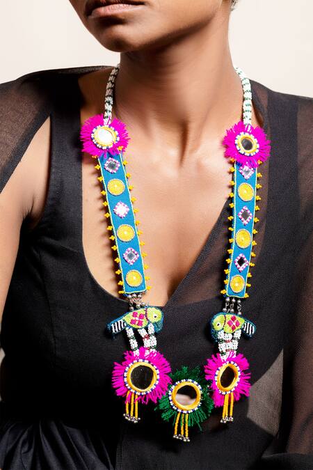 Krutiarts_Blue Gammat Parrot Embroidered Tassel Necklace _Online_at_Aza_Fashions