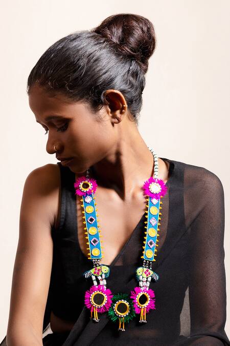 Buy_Krutiarts_Blue Gammat Parrot Embroidered Tassel Necklace _Online_at_Aza_Fashions