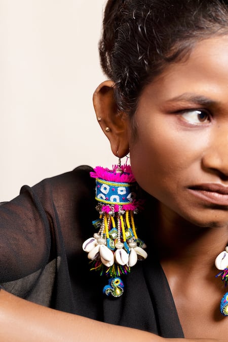 Buy_Krutiarts_Blue Mirrors, Beads, Gota Patti Barabar Che Embroidered Shell Tassel Earrings _Online_at_Aza_Fashions