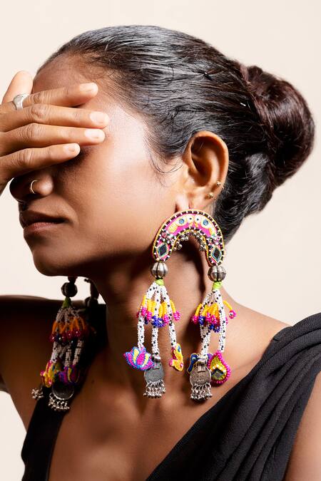 Krutiarts Pink Mirrors, Beads, Gota Patti Mindhi Thread Embroidered Coin Tassel Earrings Online at Aza Fashions Krutiarts_Pink Mirrors, Beads, Gota Patti Mindhi Thread Embroidered Coin Tassel Earrings _Online_at_Aza_Fashions