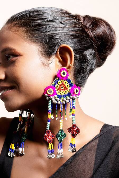 Krutiarts_Black Mirrors, Beads, Gota Patti Babaal Embroidered Triangular Tassel Earrings _Online_at_Aza_Fashions