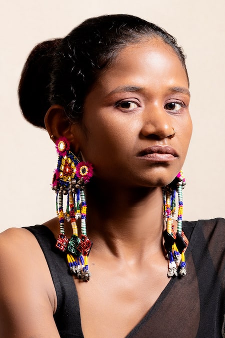 Buy_Krutiarts_Black Mirrors, Beads, Gota Patti Babaal Embroidered Triangular Tassel Earrings _Online_at_Aza_Fashions