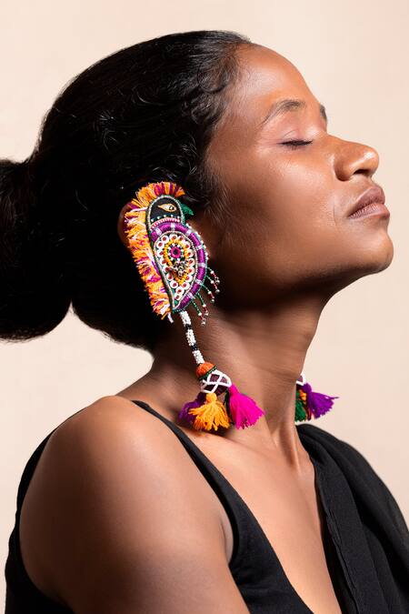 Krutiarts_Black Mirrors, Beads, Embroidery Harakhpadudi Parrot Earrings _Online_at_Aza_Fashions