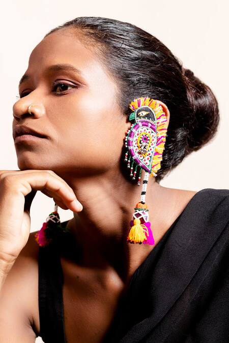 Buy_Krutiarts_Black Mirrors, Beads, Embroidery Harakhpadudi Parrot Earrings _Online_at_Aza_Fashions