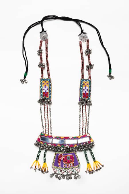 Shop_Krutiarts_Purple Panchaat Elephant Embroidered Double Strand Necklace _at_Aza_Fashions