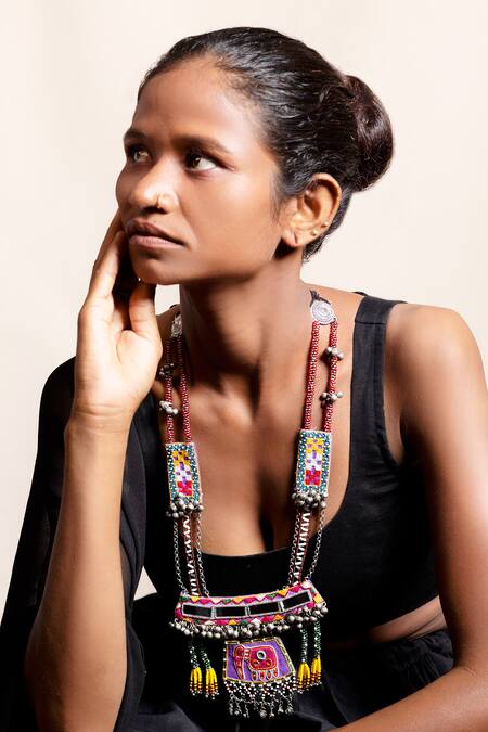 Krutiarts_Purple Panchaat Elephant Embroidered Double Strand Necklace _Online_at_Aza_Fashions