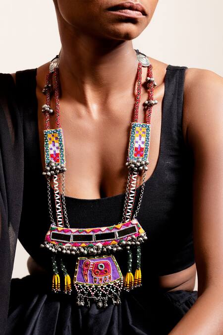Buy_Krutiarts_Purple Panchaat Elephant Embroidered Double Strand Necklace _Online_at_Aza_Fashions