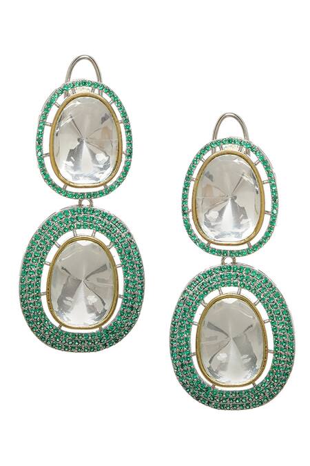 Ruby Raang_Silver Plated Stones, Diamonds, Zari Kundan Embellished Earrings_Online_at_Aza_Fashions