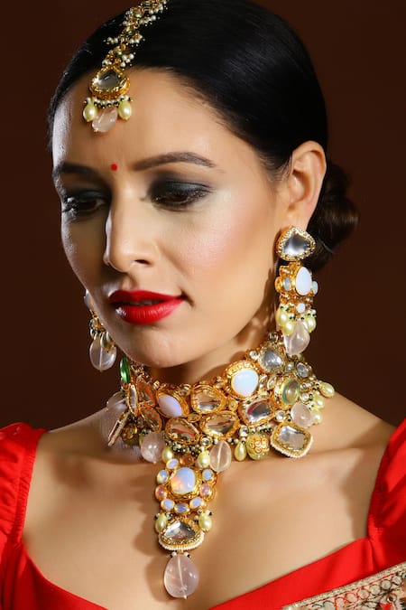 Ruby Raang Gold Plated Kundan Maharani Embellished Necklace Set 