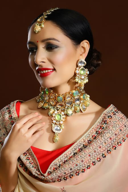 Ruby Raang Gold Plated Kundan Maharani Cutwork Necklace Set 