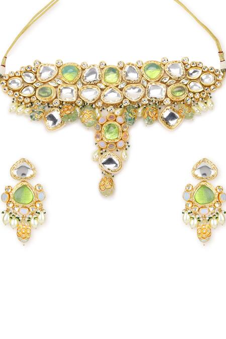 Ruby Raang_Gold Plated Stones, Beads Maharani Kundan Cutwork Necklace Set_Online_at_Aza_Fashions