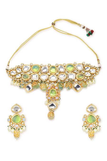 Buy_Ruby Raang_Gold Plated Stones, Beads Maharani Kundan Cutwork Necklace Set_Online_at_Aza_Fashions