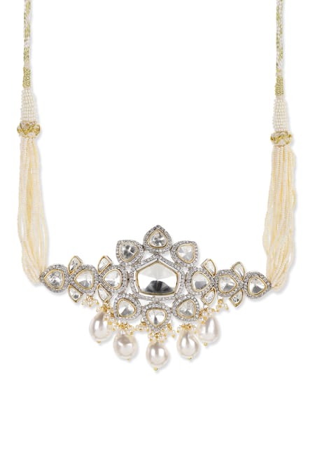 Ruby Raang_Silver Plated Floral Cutwork Pearl And Kundan Choker _Online_at_Aza_Fashions