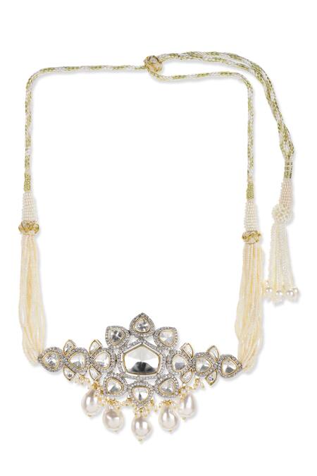 Buy_Ruby Raang_Silver Plated Floral Cutwork Pearl And Kundan Choker _Online_at_Aza_Fashions