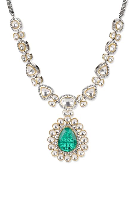 Ruby Raang_Silver Plated Carved Stone Embellished Pendant Necklace _Online_at_Aza_Fashions