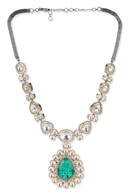 Buy_Ruby Raang_Silver Plated Carved Stone Embellished Pendant Necklace _Online_at_Aza_Fashions