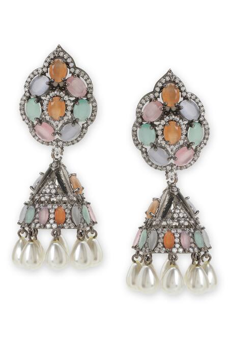 Ruby Raang_Multi Color Stones, Pearls Tear Drop Carved Jhumkas _Online_at_Aza_Fashions